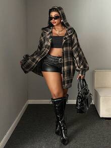 Maweii Plus Size Long Sleeve Vintage Slouchy Plaid Hooded Casual Lightweight Jacket - Multicolor - View 3