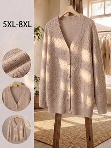 SHEIN CURVE+ 大尺碼女款素色鏤空長袖單排扣針織開襟衫 - 粉色 - 查看 6