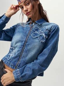 Bohemela Casual 70s Retro Streetwear 90s Solid Color Woven Denim Fitted Women's Jacket Everyday Going Out Birthday Blue Autumn - Blue - View 4