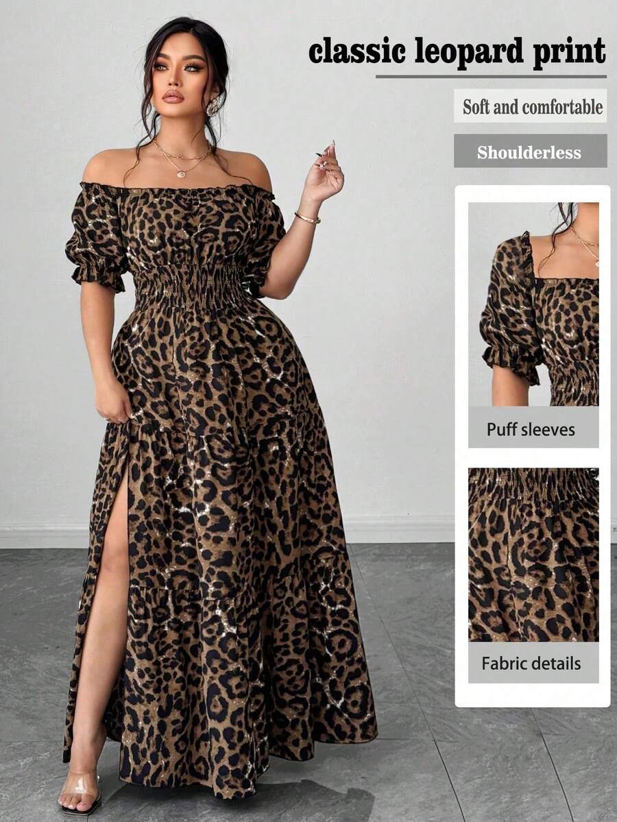 Elenzga Plus Size Women's Blue Solid Color Denim Look Off-Shoulder Elegant Casual Club Split Maxi Dress, Spring/Summer Fall - Brown - View 1