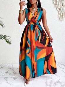 SHEIN PETITE CURVE Plus Size Women V-Neck Ruched Patchwork Casual Elegant Party Dinner Dress Burnt Orange Summer - Orange - View 6