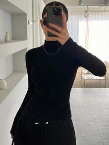 DAZY 女款高領修身長袖內搭T恤 - 黑色 - 查看 4