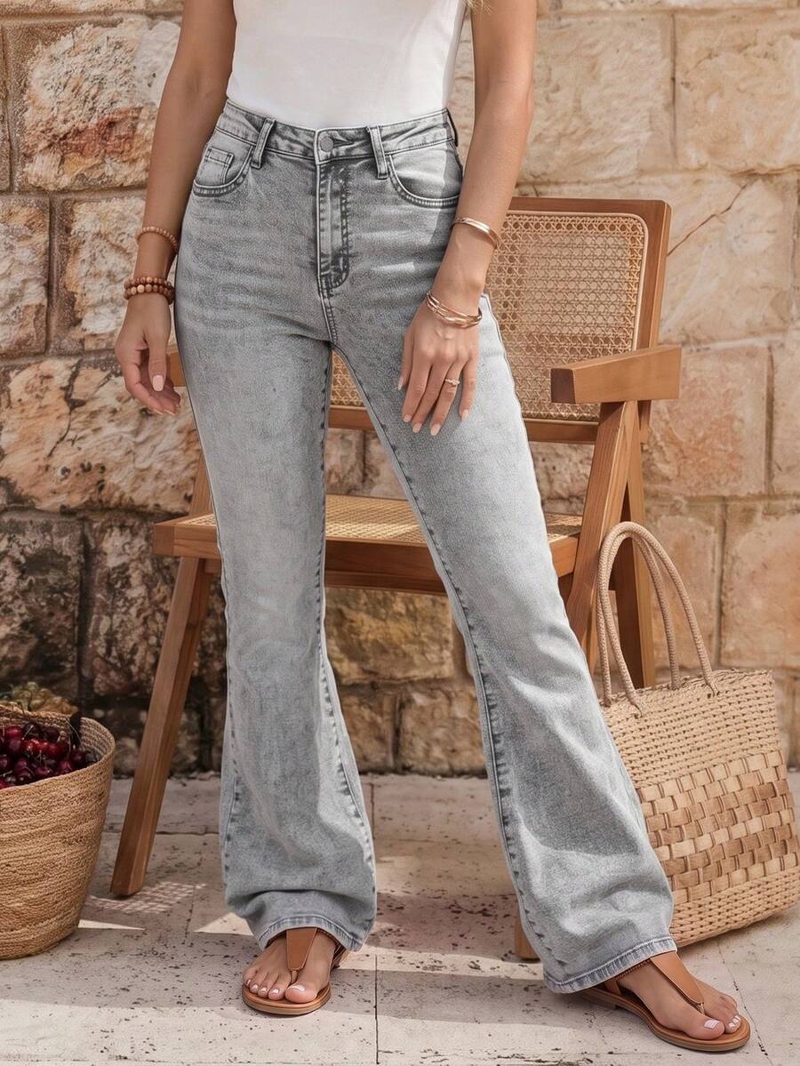 EMERY ROSE Pantalones vaqueros casuales y versátiles de campana con bolsillos para mujer - Gris Claro - Ver 1