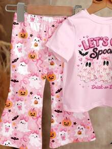 可愛粉色萬聖節氛圍女孩亮片蝴蝶結幽靈圖案，Summerween，Little Miss Bootiful，Trick Or Treat! 嬰兒女童休閒極簡圓領短袖T恤與喇叭褲秋季兩件套，等待萬聖節！新季節新品上市！ - 彩色 - 查看 5