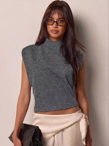 COSMINA Women's Autumn Casual Stand Collar Wide Sleeveless Sweater Office Business Dark Grey - Dark Grey - View 1