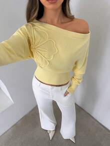 Aloruh Women's Elegant Solid Color 3D Floral Decor Asymmetric Collar Sweater - Yellow - View 6