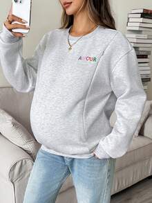 SHEIN Maternity Nursing Embroidered Long Sleeve Crew Neck Top, Casual Versatile Fall - Grey - View 6