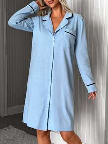 SHEIN Cute Soft Blue Button Front Long Sleeve Casual Sleep Dress - Baby Blue - View 5