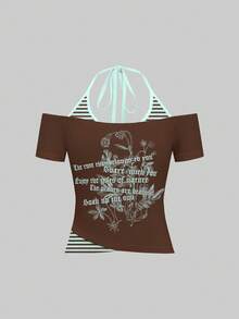 Attitoon Women's 2 In 1 T-Shirt White Light Blue Halter Neck Striped Color Block Casual 90s Inspired Night Out Y2K Tops Printed Pattern Summer Going Out - Multicolor - View 3