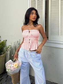Sunnyshic Solid Color Tie-Up Hollow Out Ruffle Trim Women's Bandeau Top - Baby Pink - View 4