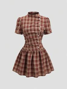 Sweetra Spring/Summer Fashion Design French Vintage Plaid Stand Collar Sweet Puff Short Sleeve Preppy Casual Commute Ruched A-Line Short Dress For Women - Burgundy - View 1