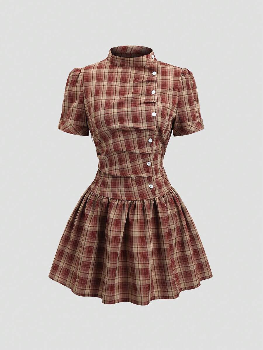 Sweetra Spring/Summer Fashion Design French Vintage Plaid Stand Collar Sweet Puff Short Sleeve Preppy Casual Commute Ruched A-Line Short Dress For Women - Burgundy - View 1