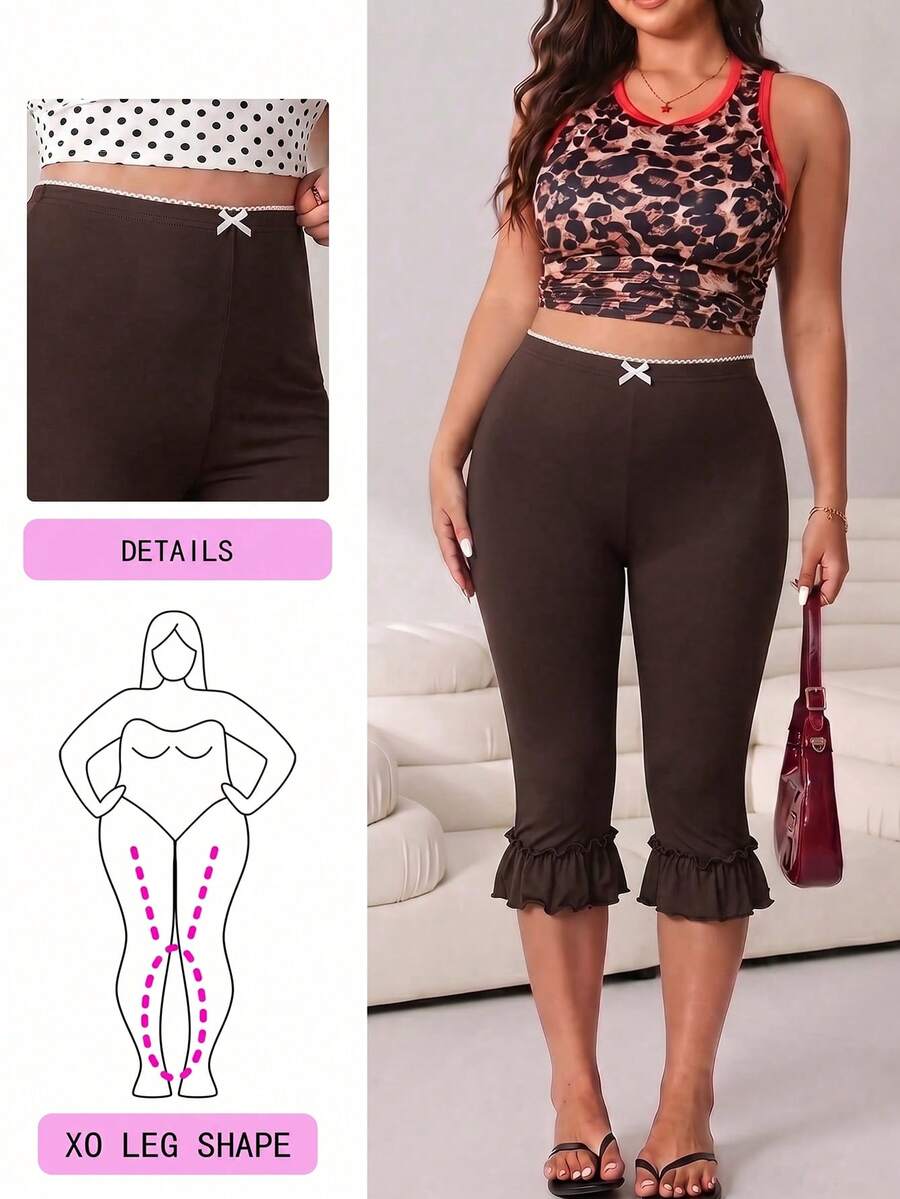 Solflare Plus Size Women Solid Color Ruched Casual Smart Casual Versatile Daily Wear Tight Leggings Office Brown Summer - Chocolate Brown - View 1