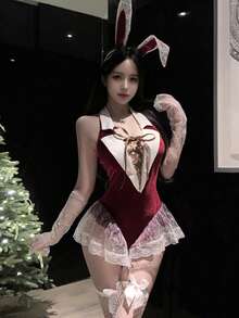Dansine 2026 Spring/Summer New Sexy Cute Bunny Girl Lingerie Bodysuit Open Crotch Uniform Set For Dating, New Year, Christmas - Red - View 4