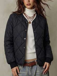 Franclia V-Neck Button Rhombus Stitching Women Padded Coat - Black - View 1
