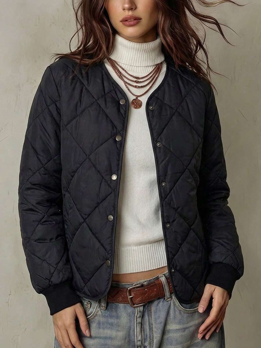 Franclia V-Neck Button Rhombus Stitching Women Padded Coat - Black - View 1