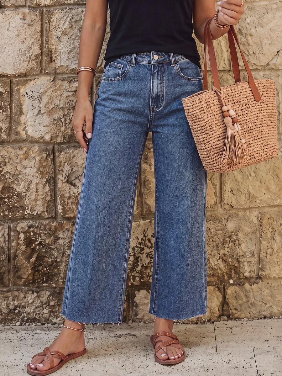 EMERY ROSE Casual Washed High Waist Straight Leg Jeans - Dark Wash - View 1