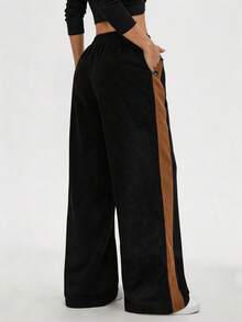 SHEIN LUNE European American Style Elastic Waist Color Block Straight Wide Leg Women's Long Pants Slimming Commute Casual Autumn Winter Active Black Polkadot - Multicolor - View 2