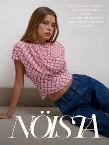 Nöista 印花不對稱上衣，前胸抓褶設計，時尚秋季襯衫，適合演唱會、週末穿搭、休閒日與日常造型 - 粉色 - 查看 10