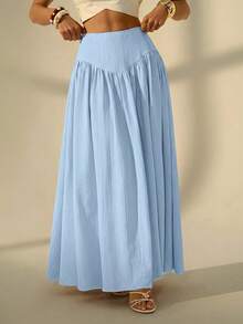 SHEIN Tall 女款純色百褶休閒度假裙，適合高個女性 - 淺藍色 - 查看 7