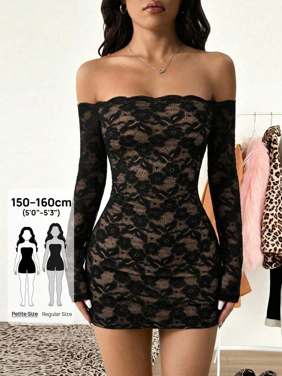 SHEIN PETITE 女款蕾絲露肩性感迷你洋裝，適合約會與派對 - 黑色 - 查看 1
