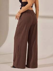 SHEIN Tall 女款純色腰部綁帶寬腿鬆身長褲休閒長褲 - 棕色 - 查看 2