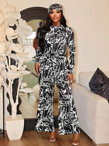 Brilight Women's Casual Sexy Printed Round Neck Long-Sleeved Top + Flared Pants Suit, Simple And Casual, Suitable Night Out Going Out Black And White Autumn - Black - View 6