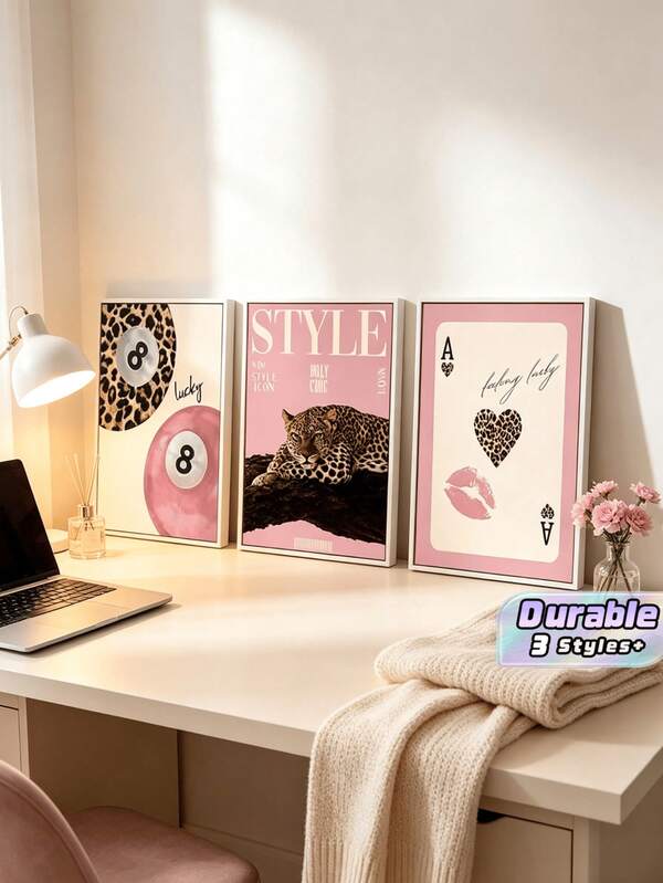 3 Quadros de Arte de Parede com Estampa de Leopardo e Guepardo, Pintura em Tela com Padrão de Bola de Bilhar da Sorte, Pôster Feminino Rosa, Pintura Decorativa Elegante Adequada para Quarto, Sala de Estar ou Dormitório, Presente para Ela, Moldura Não Incluída
