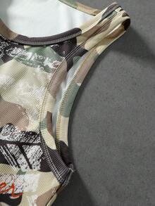ROMWE MEN Goth 男士迷彩印花圓領休閒背心 - 軍綠色 - 查看 7