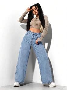 SHEIN PETITE 女款純色極簡日常牛仔褲，秋冬新年造型，派對穿搭 - 淺色水洗藍 - 查看 5