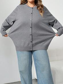 SHEIN CURVE+ 素色休閒寬鬆柔軟優雅版型長袖大尺碼針織開襟衫，秋季辦公正式居家約會商務灰色冬季款 - 深灰色 - 查看 9