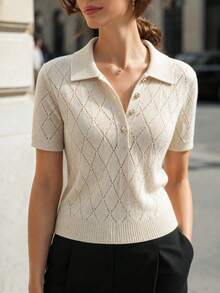 SHEIN New Spring Summer Vintage Preppy Diamond Pattern Knit Polo Women Lapel Collar Half Button Short Sleeve - Apricot - View 8