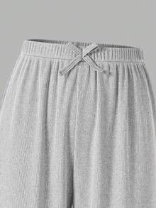Autumn/Winter Gentle Gray Ribbed Knit 2 Pieces Set For Girls, Slim Fit Short Single-Breasted Round Neck Long Sleeve Top And High-Waist Drawstring Draped Wide Leg Pants, Casual Versatile - Grey - View 6