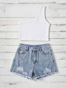 SHEIN Tween Girl Solid Color One Shoulder Tank Top & Distressed Denim Shorts Set - Multicolor - View 4