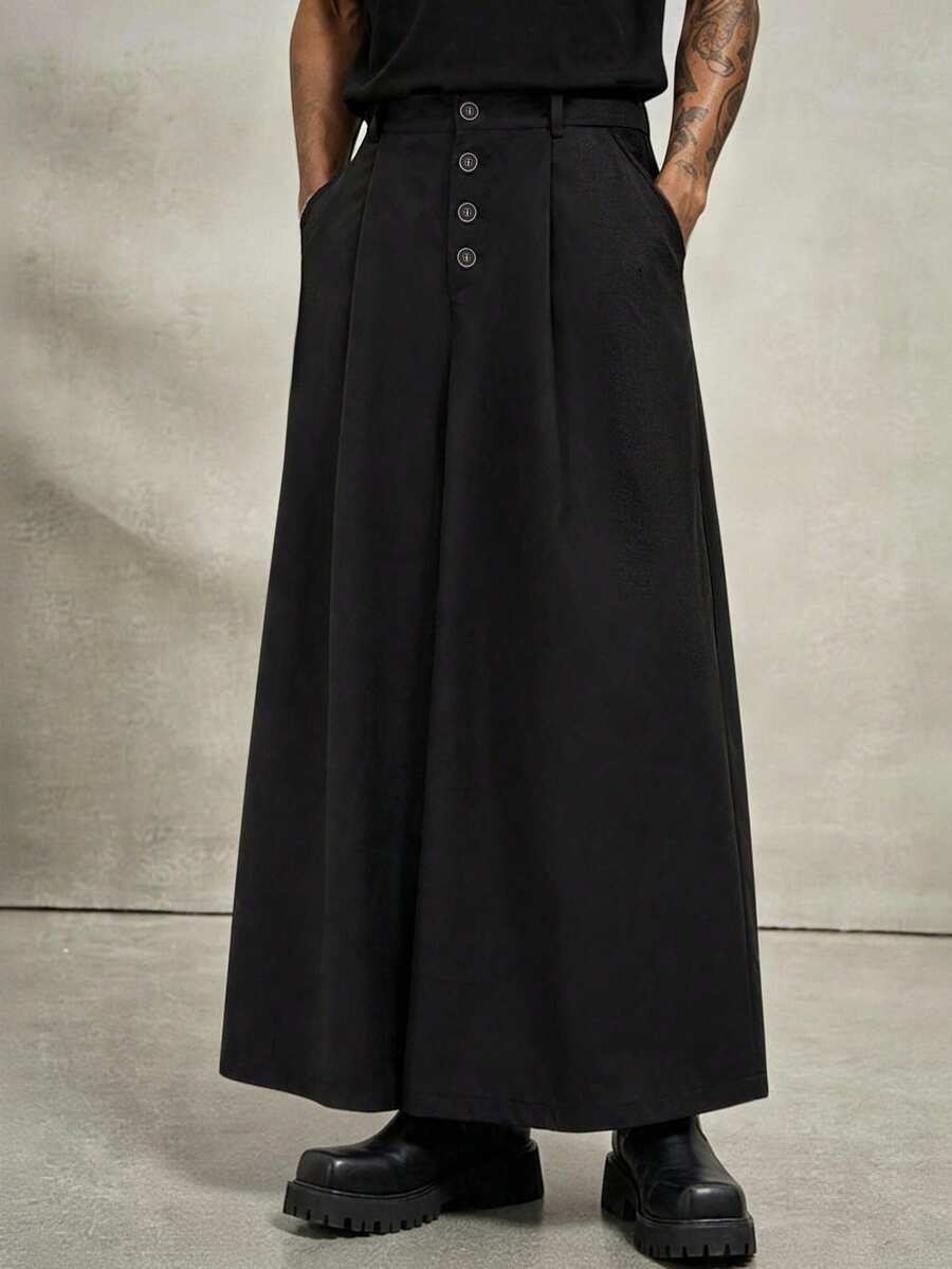 PAVTROS Men's Fashion Versatile Button Pleated Pocket Loose Casual Long Pants - Black - View 1