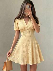 Modelyn Women's French Style Summer New Knit Jacquard Petal V-Neck Puff Lantern Sleeve Short Sleeve Waist-Cinched Umbrella Skirt Short Dress Vacation Date - Yellow - View 9