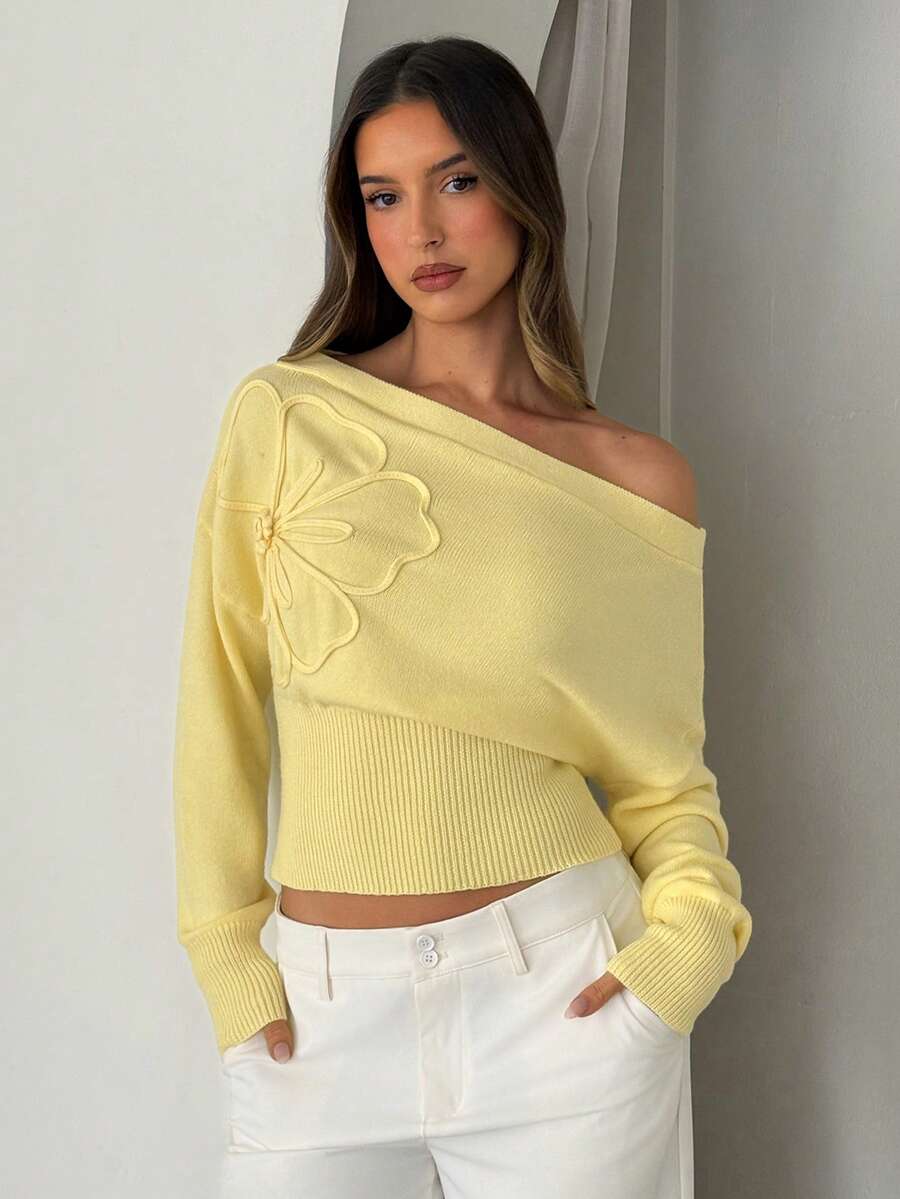 Aloruh Women's Elegant Solid Color 3D Floral Decor Asymmetric Collar Sweater - Yellow - View 1