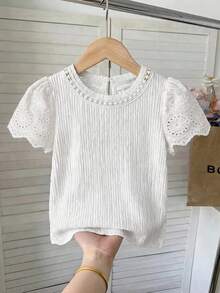 SHEIN LMoss Kids LMoss Young Girl Knitted Solid Color Round Neck Lace Ruffle Trim Fitted T-Shirt - White - View 1