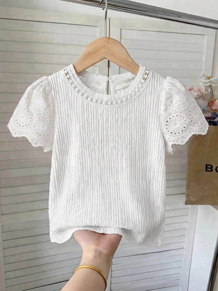 SHEIN LMoss Kids LMoss Young Girl Knitted Solid Color Round Neck Lace Ruffle Trim Fitted T-Shirt - White - View 1