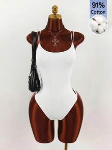 Amplova Bodysuit Pas Badan Tanpa Lengan dengan Tali Bahu Ganda dan Desain Silang - Putih - View 9