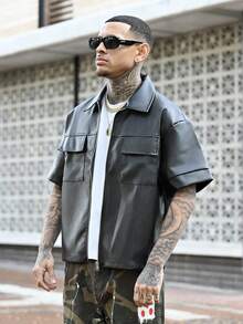 Devon Thys 男士嘻哈风PU宽松短袖拉链衬衫 男士短款衬衫 男士方正衬衫 男士皮衬衫 黑色拉链衬衫 - 黑色 - 查看 5