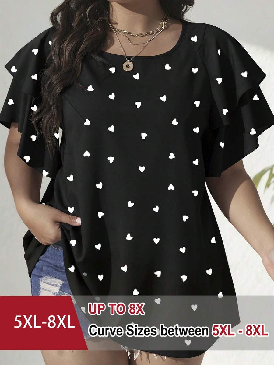 SHEIN CURVE+ 大尺碼女款優雅春夏休閒度假上衣,滿版愛心印花襯衫 - 黑色 - 查看 1