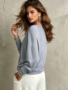 Trelyra Women's Solid Color Pleated Casual Versatile Daily Long Sleeve Top - Light Grey - View 5