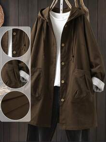 Linhara Versatile Premium Casual Plus Size Women's Patchwork Striped Cuff Hooded Jacket - Brown - View 1