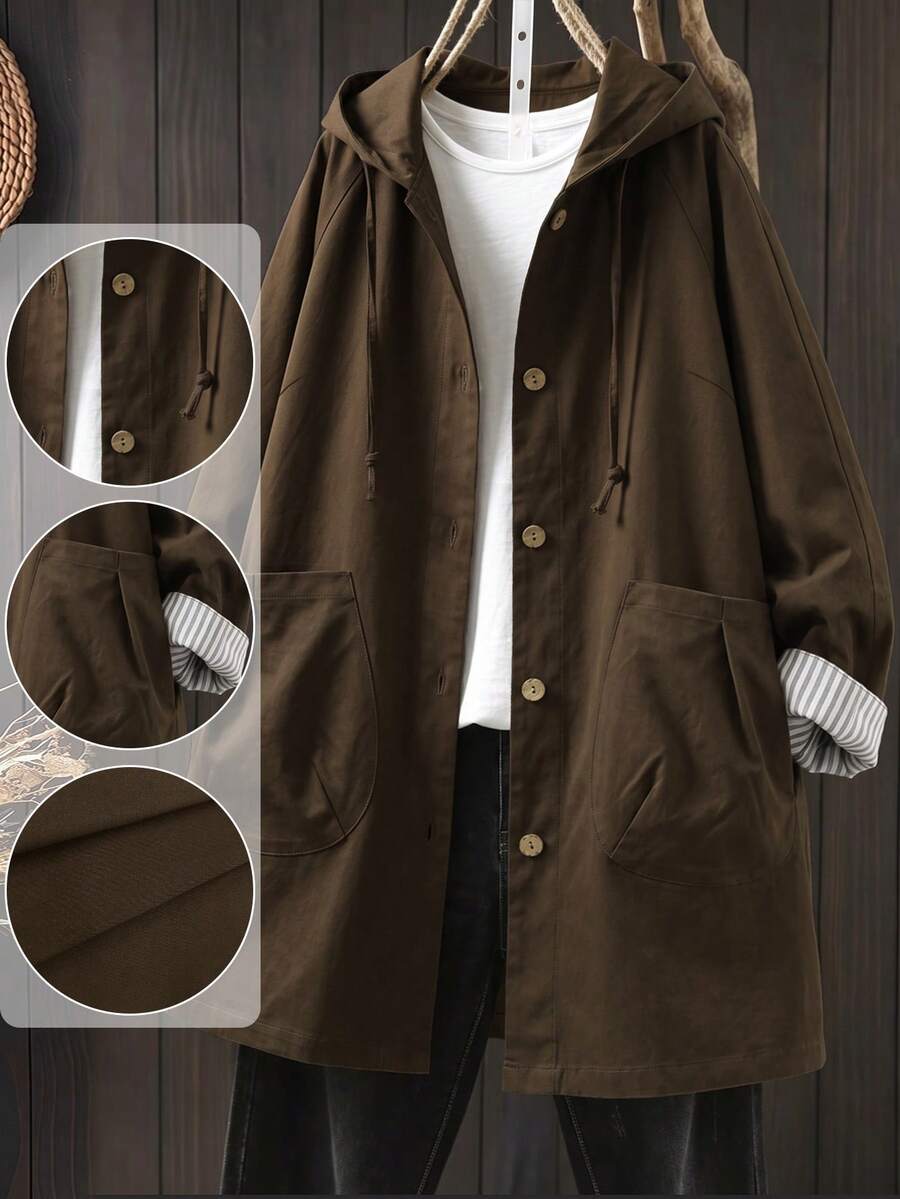 Linhara Versatile Premium Casual Plus Size Women's Patchwork Striped Cuff Hooded Jacket - Brown - View 1