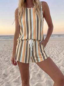 SHEIN LUNE Casual Women's Round Neck Tank Top And Shorts 2 Pieces Set Beach Beige Summer - Multicolor - View 3