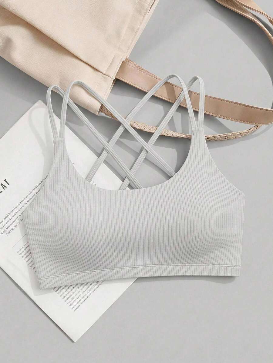 SHEIN Cheerettes 女款素色交叉背日常健身運動內衣 - 灰色 - 查看 1