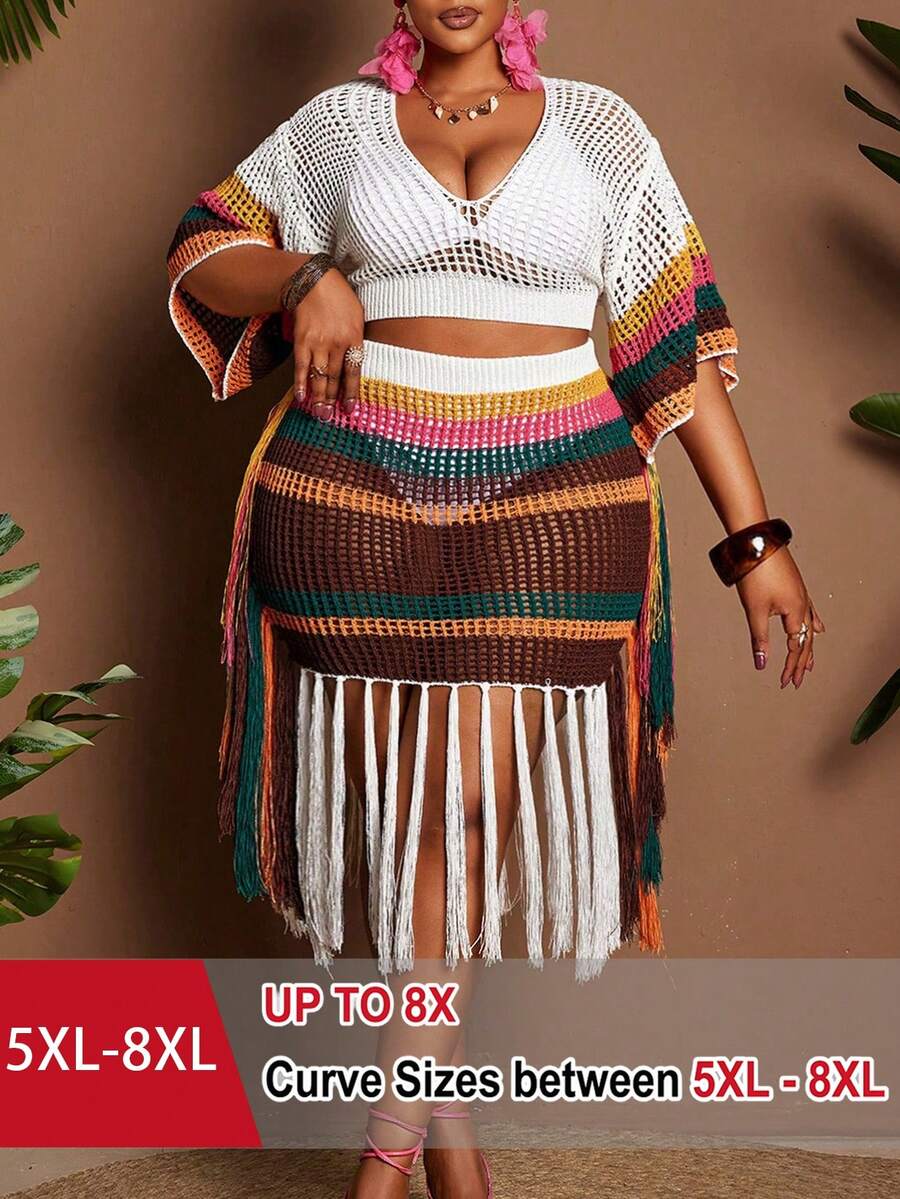 SHEIN CURVE+ CURVE 大码女士针织两件套,多色,短袖上衣+迷你裙,V领,流苏,度假,海边,性感,宽松,飘逸,辣妹风,女士外出,女士针织套装,女装,夏季,春季,泳装,薄款泳装,针织泳装 - 彩色 - 查看 1