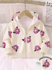SHEIN 女嬰甜美極簡紫色花卉3D效果印花連帽拉鍊長袖抓絨內裡運動外套，柔軟面料，適合外出，秋冬款 - 彩色 - 查看 7