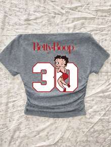 Attitoon Betty Boop x SHEIN 女款休閒抓皺腰方領 Betty 聯名修身短袖 T 恤，適合夏季，時尚 Y2K 風格 - 淺灰色 - 查看 4